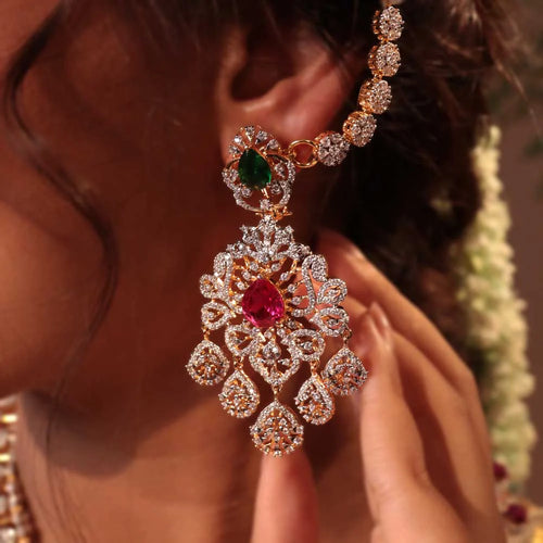 AD Diamond Ruby Emerald Look Bridal Necklace + Earrings Set