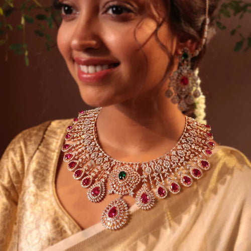 AD Diamond Ruby Emerald Look Bridal Necklace + Earrings Set